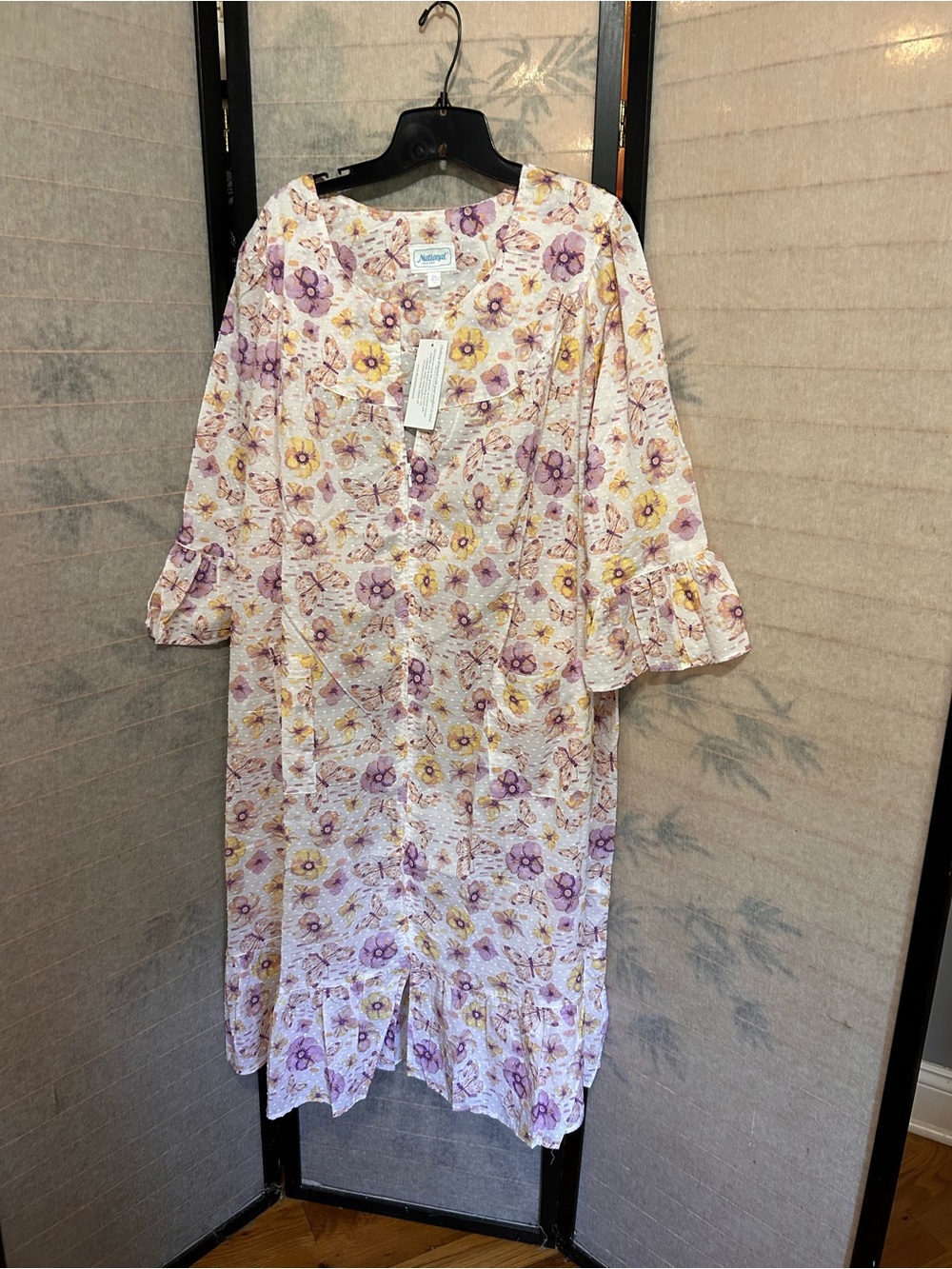 House Dress Granny Wear by National Floral Butterfly Full Zip Ruffle Hem Sz 2XL